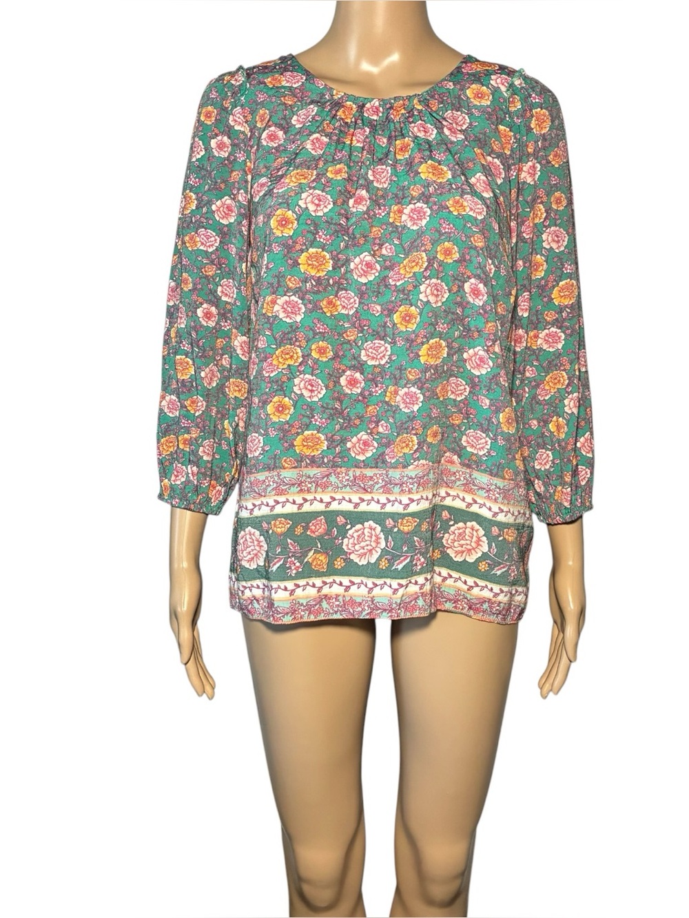Lauren Conrad Women's Blouse Size S Floral 3/4 Puff Sleeve Tunic Round Tie-Strap